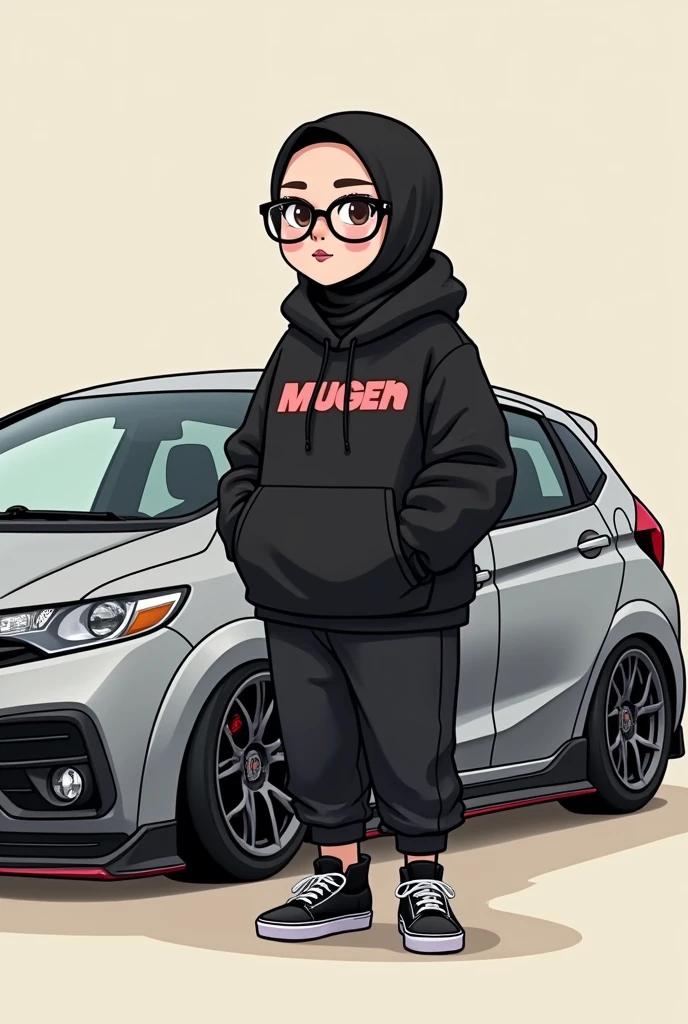 fat chubby large girl with glasses wearing black hijab. wearing black hoodie with mugen logo and loose trousers. hi-cut vans shoes. modified silver honda jazz gk5 RS 2018 beside. cartoon.