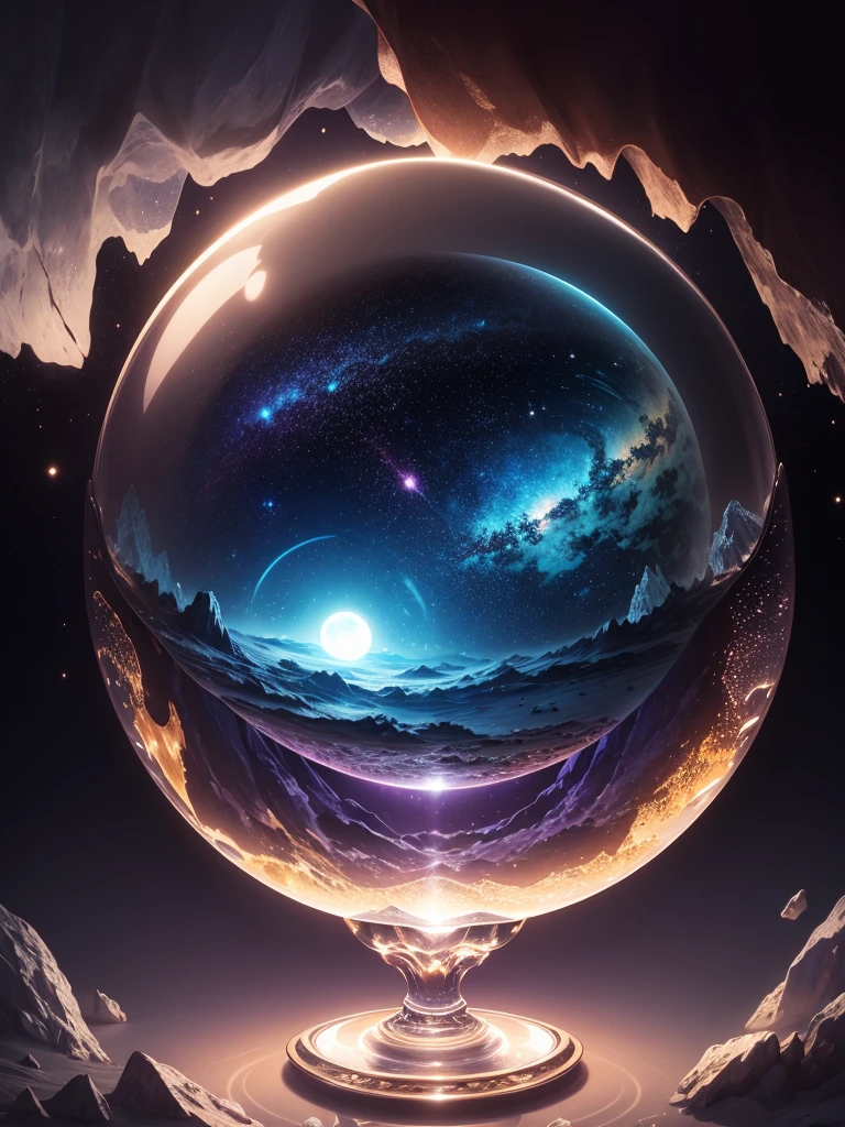 Highly detailed illustration of a hidden world inside a crystal ball, Surface continents, atmosphere, Background Galaxy, capricious lighting, 魅惑的なatmosphere, Soft texture, artwork, Mysterious glow, Back - Bright flat surface, Three-part method, high quality, Attention to detail, Backlight