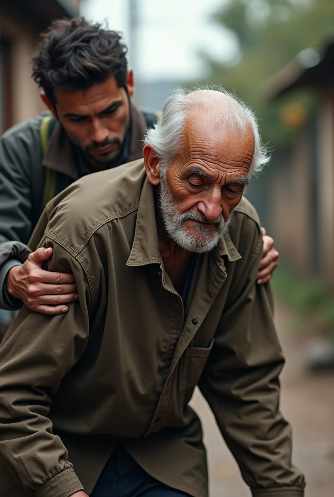 একজন বৃদ্ধ লোককে এক ব্যক্তি সাহায্য করছে 