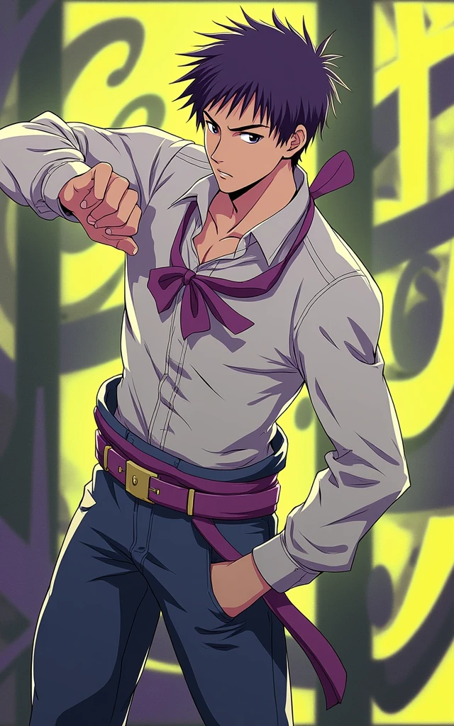 Make an art in the style of this image for the character Gon from Hunter x Hunter in purple colors