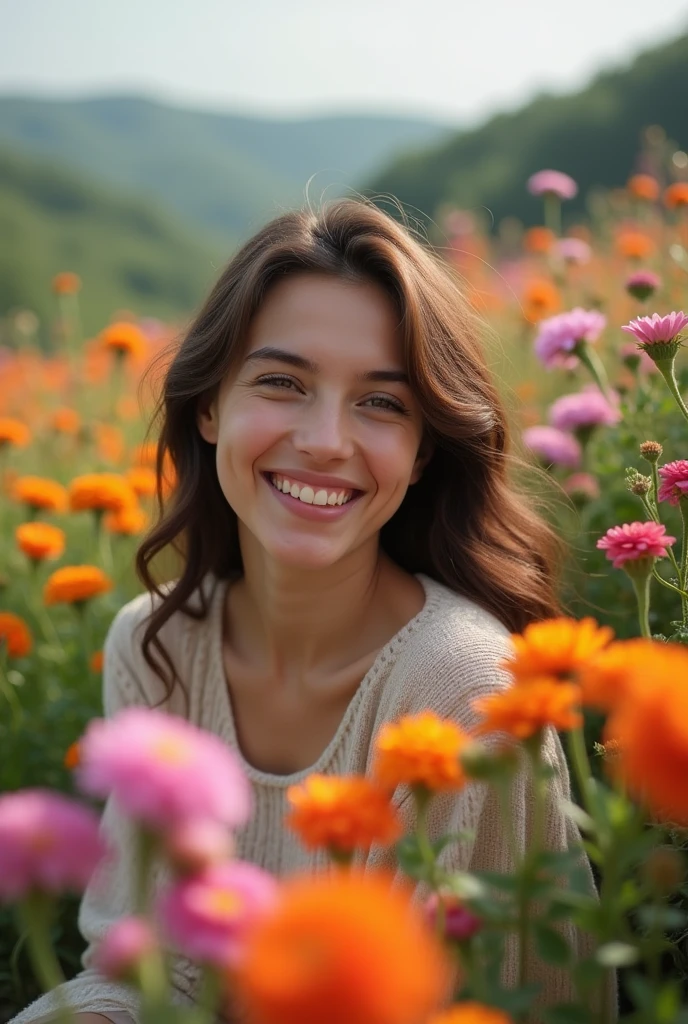 realistis mobile photo of a smiling young woman in the nature surrounded by colorful flowers use these color references [f15a96. f08db1. Feceda. 6cb3fa. fd4d00] in the style of Elena Shumilova, posted to Reddit in 2023