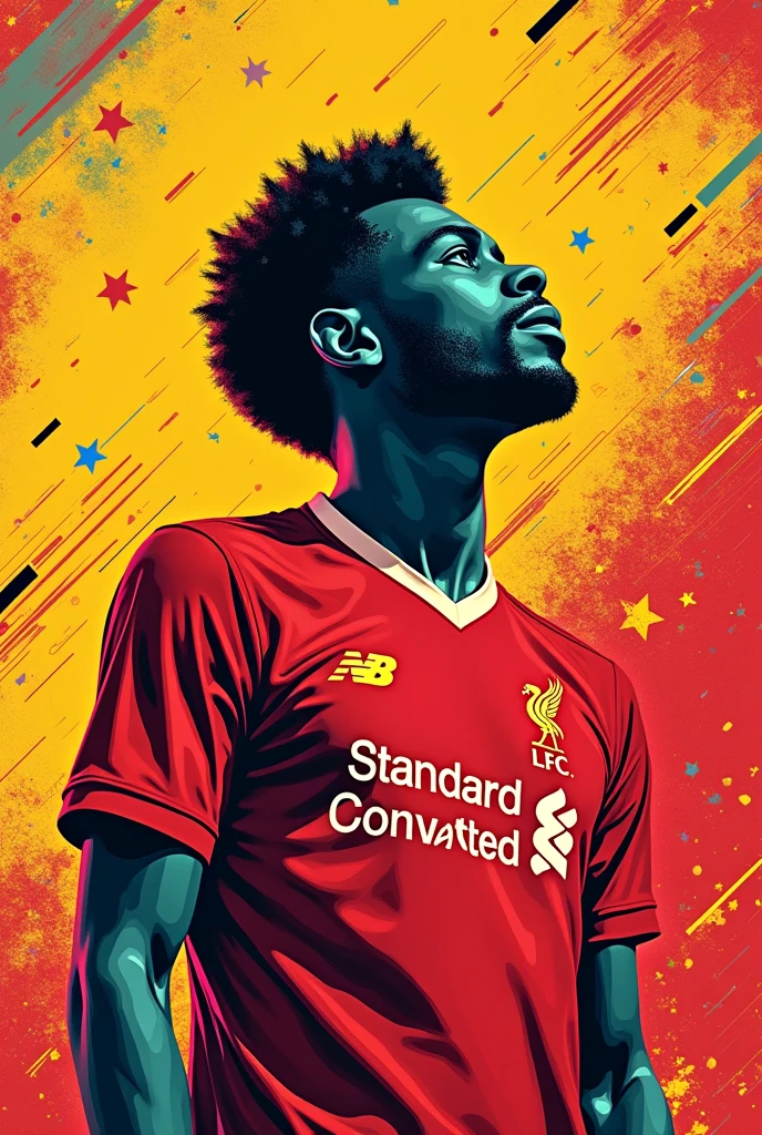 Cartoon image wearing a Liverpool shirt on a yellow background. Red with lots of lines, stars, and pixels. People should be in a pop art style with hard edges and distinct patterns and with an open copy space. The background should be colorful and dynamic, pop art with a silk screen aesthetic.