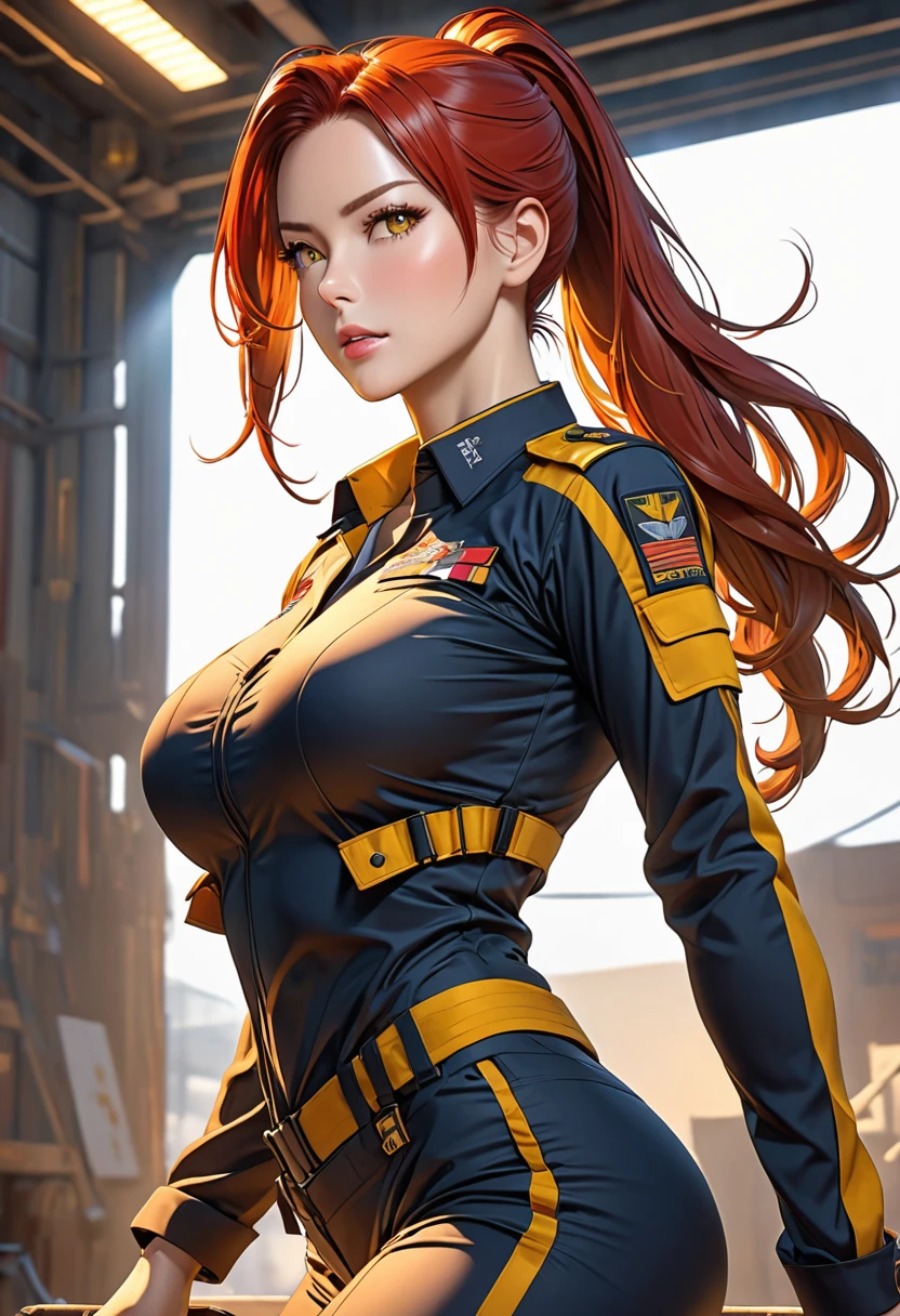 ((best quality)), ((artwork)), ((extremely detailed face)), ((perfect lighting)), ((extremely detailed CG)), ((perfect hands, perfect anatomy)) Appearance= yellows eyes; long red hair, often tied in a ponytail; sharp features, pale, tall, mature physique, supple, busty, slim legs; tactical uniform