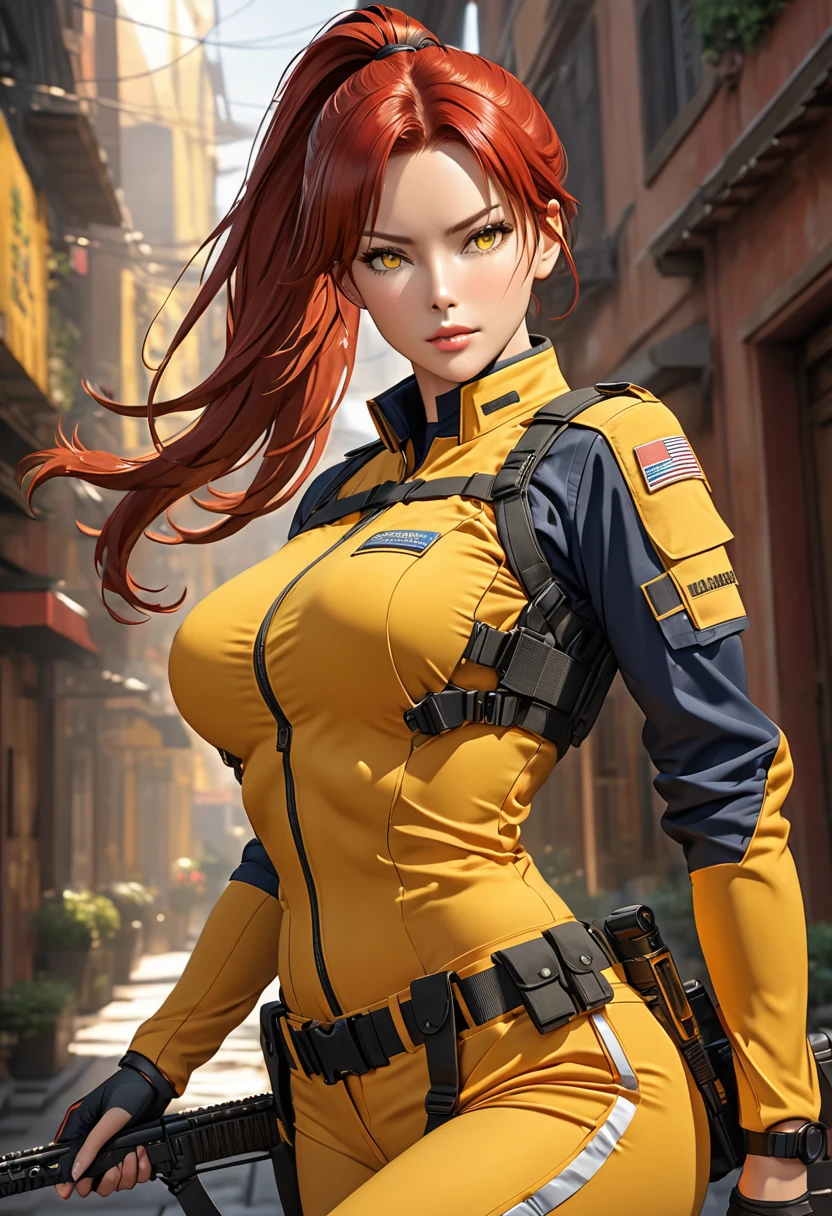 ((best quality)), ((artwork)), ((extremely detailed face)), ((perfect lighting)), ((extremely detailed CG)), ((perfect hands, perfect anatomy)) Appearance= yellows eyes; long red hair, often tied in a ponytail; sharp features, pale, tall, mature physique, supple, busty, slim legs; tactical uniform