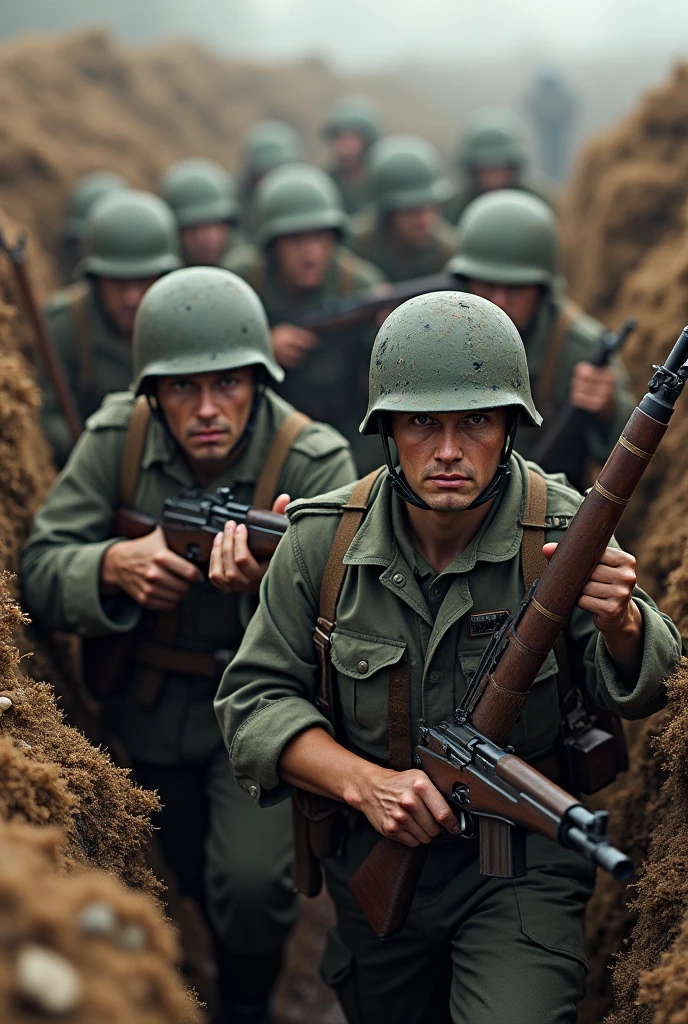 ten mens, military 1942, rifle in hands, in a trench