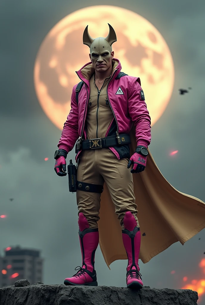 high-tech suit, vivid effects, malaysian superhero (KELUANG MAN) in a striking pink and beige costume cyberpunk design, mask small mini bat ear beige, daredevil biage mask, jumpsuit dark pink stands confidently in a dramatic, stormy landscape. ((Head covered node guard like batman , athletic body type, small mini ear bat mask))The character wears domino mask a helmet with pointed mini torn ears and a flowing cape biege, open nose and mouth. Equipped with visible futuristic weapons on a belt,bullet proof jacket pink dark day, dark night, big supermoon effect .logo on chest triangle shape small punisher logo center triangle cyber logo center on chest pink logo mini logo . rocky. Building top.smoke ground, losse pant , bomb effect background, adding to --ar 3:4 --style raw --stylize 500 --v 6.1.