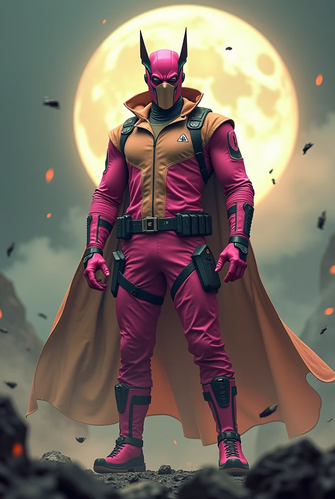 high-tech suit, vivid effects, malaysian superhero (KELUANG MAN) in a striking pink and beige costume cyberpunk design, mask small mini bat ear beige, daredevil biage mask, jumpsuit dark pink stands confidently in a dramatic, stormy landscape. ((Head covered node guard like batman , athletic body type, small mini ear bat mask))The character wears domino mask a helmet with pointed mini torn ears and a flowing cape biege, open nose and mouth. Equipped with visible futuristic weapons on a belt,bullet proof jacket pink dark day, dark night, big supermoon effect .logo on chest triangle shape small punisher logo center triangle cyber logo center on chest pink logo mini logo . rocky. Building top.smoke ground, losse pant , bomb effect background, adding to --ar 3:4 --style raw --stylize 500 --v 6.1.