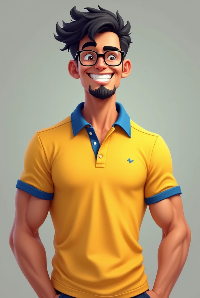 grown-up, a little muscular, naughty man, Youngh, goatee, short black curly hair, square glasses, round face yellow polo shirt with blue collar