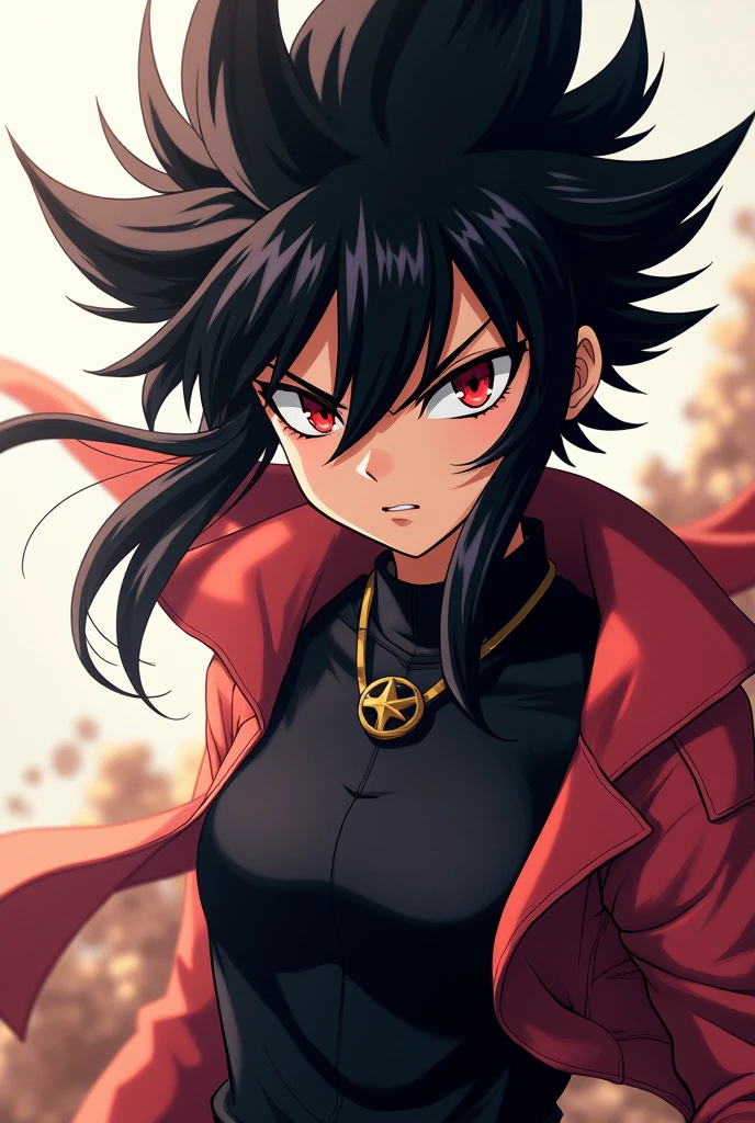 Child girl anime() with spiky black long hair and eye red,her clothes is black with and she's personality agressive,and physical athletic
