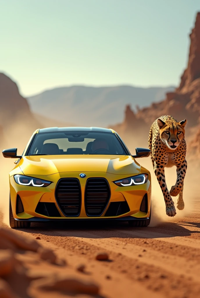 A yellow BMW m4 competicion 2024 and a running cheetah 