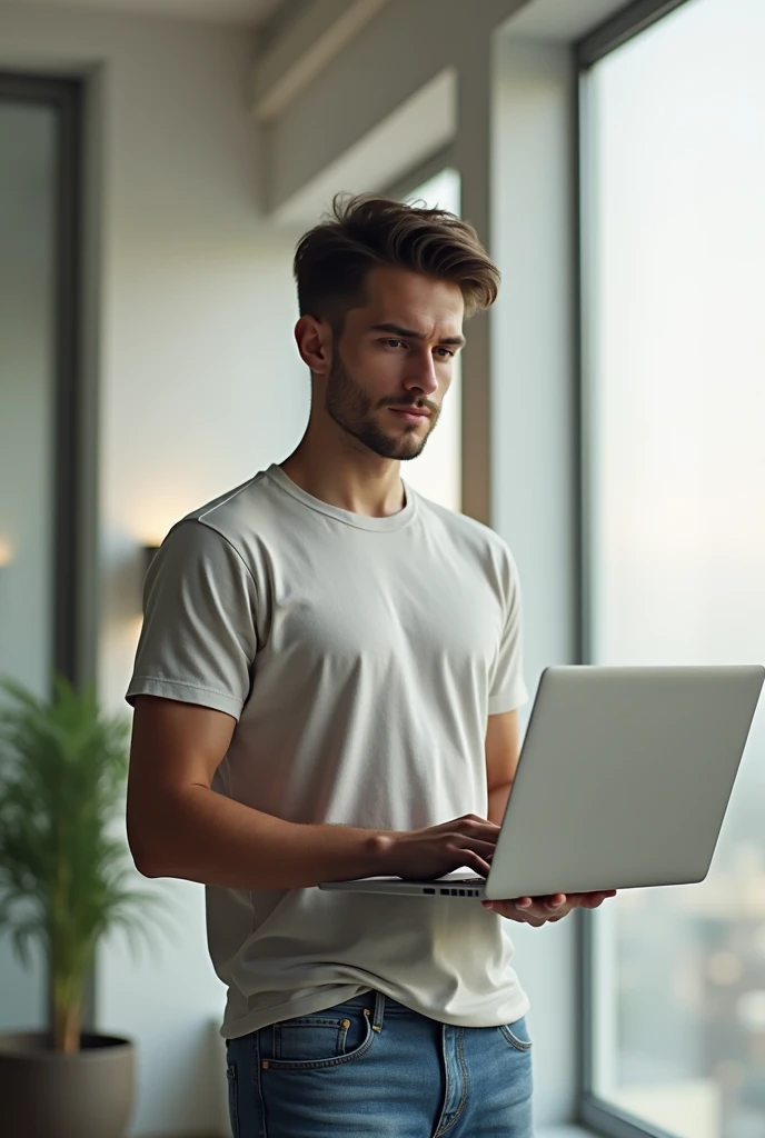 A 30-year-old boy is standing with a laptop