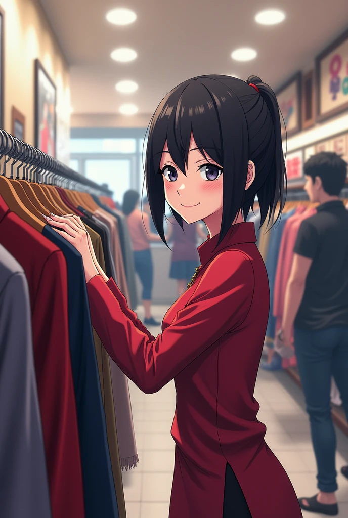 Sarada (female character in Boruto) buy new clothes in clothes store