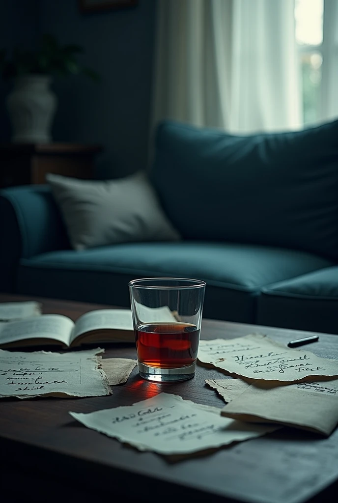 till "Between Mistakes and Feelings: Chronicles of Unrequited Love", the cover could look like this:
1. **main image**: A background with a lonely atmosphere, like a messy coffee table in a dark, cozy room. over the table, a glass of drink, maybe a bottle of wine or a glass with a drink that looks half full, reflecting the feeling of desolation.
2. **Additional Elements**: Scraps of paper or notebooks with notes and sentences in irregular handwriting, some torn or smudged, scattered across the table or around the glass. This illustrates the character's confusion and disordered feelings..
3. **Typography**: The title can be in a handwritten or typewriter-style font to reflect a personal and emotional touch.. Letters may appear slightly misaligned or irregular., imitating mistakes and last minute changes.
4. **colors**: Dark and saturated tones, like navy blue, gray and black, with touches of white or silver to create contrast and highlight the title. The use of shadows and soft lighting can intensify the feeling of melancholy..
5. **Title and author**: Place the title at the top of the cover and the author's name at the bottom, both in fonts that complement the emotional theme. The title could be a little bigger and more prominent, while the author's name may be in a smaller, more discreet font