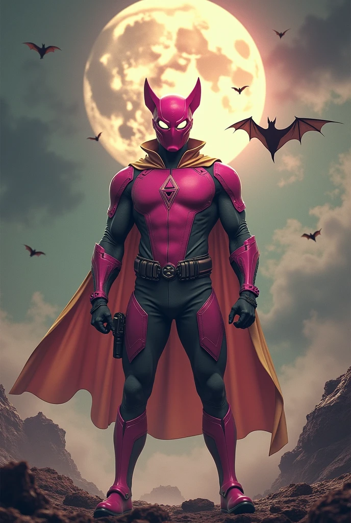 high-tech suit, vivid effects, malaysian superhero (KELUANG MAN) in a striking pink and beige costume cyberpunk design, mask small mini bat ear beige, daredevil biage mask, jumpsuit dark pink stands confidently in a dramatic, stormy landscape. ((Head covered node guard like batman , athletic body type, small mini ear bat mask))The character wears domino mask a helmet with pointed mini torn ears and a flowing cape biege, open nose and mouth. Equipped with visible futuristic weapons on a belt,bullet proof jacket pink dark day, dark night, big supermoon effect .logo on chest triangle shape small punisher logo center triangle cyber logo center on chest pink logo mini logo . rocky. Building top.smoke ground , bomb effect background, adding to --ar 3:4 --style raw --stylize 500 --v 6.1. chaos. Lot of small flying bat .
