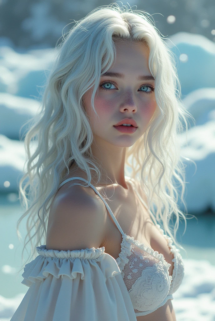 (((Masterpiece))),best quality,illustration,4k background image,film lighting,absurd,1 girl,(snow,ice),snow flower,in winter,white hair,shiny hair,curls,silicone clothing,bikini,ruffles,lace ,Wet clothes,leave_shoulder,Hair tie,Masterpiece,Telephoto lens,absurd,exquisite face,Features,Natural light,Soft light,(Seven-part combination),Epic,Dreamy and magical,Mystery,