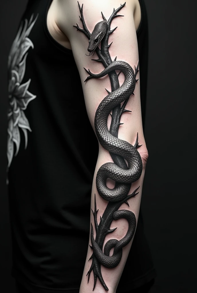 A tattoo of a snake crawling down a branch with thorns