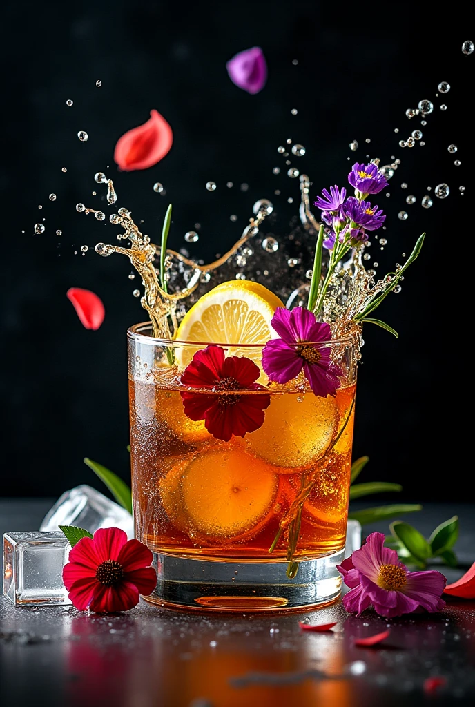 (Movie-like photos:1.3) of (Realistic:1.3) a studio shot of a (explode:0.2) (Low gravity of fruit:1.1) (Splash:0.9) a Rock glass of ウィスキー with harbs、Contains , Splash Image, Full Color, In Kamba, splashes of liquid, Drink, flower, Next to lemon and and flower, Strong colors, ticker, Invoking joy, Water swirls, Fred Marcellin, Top selection when splash is removed, professional food photography, Artistic photography. Black background,Red and purple flowers on the table、rosemary、Herbs fly、Sparkling ice in a glass,Round ice in a glass、Flowers in a glass,Fantasy,steampunk、A bottle of whiskey is beside it,The ice is round、Petals fluttering、splash、No orange,Whisky on the Rocks,Clear whiskey、A big ice cube in the glass1indivual,Herbs fly、Flowers in a glass