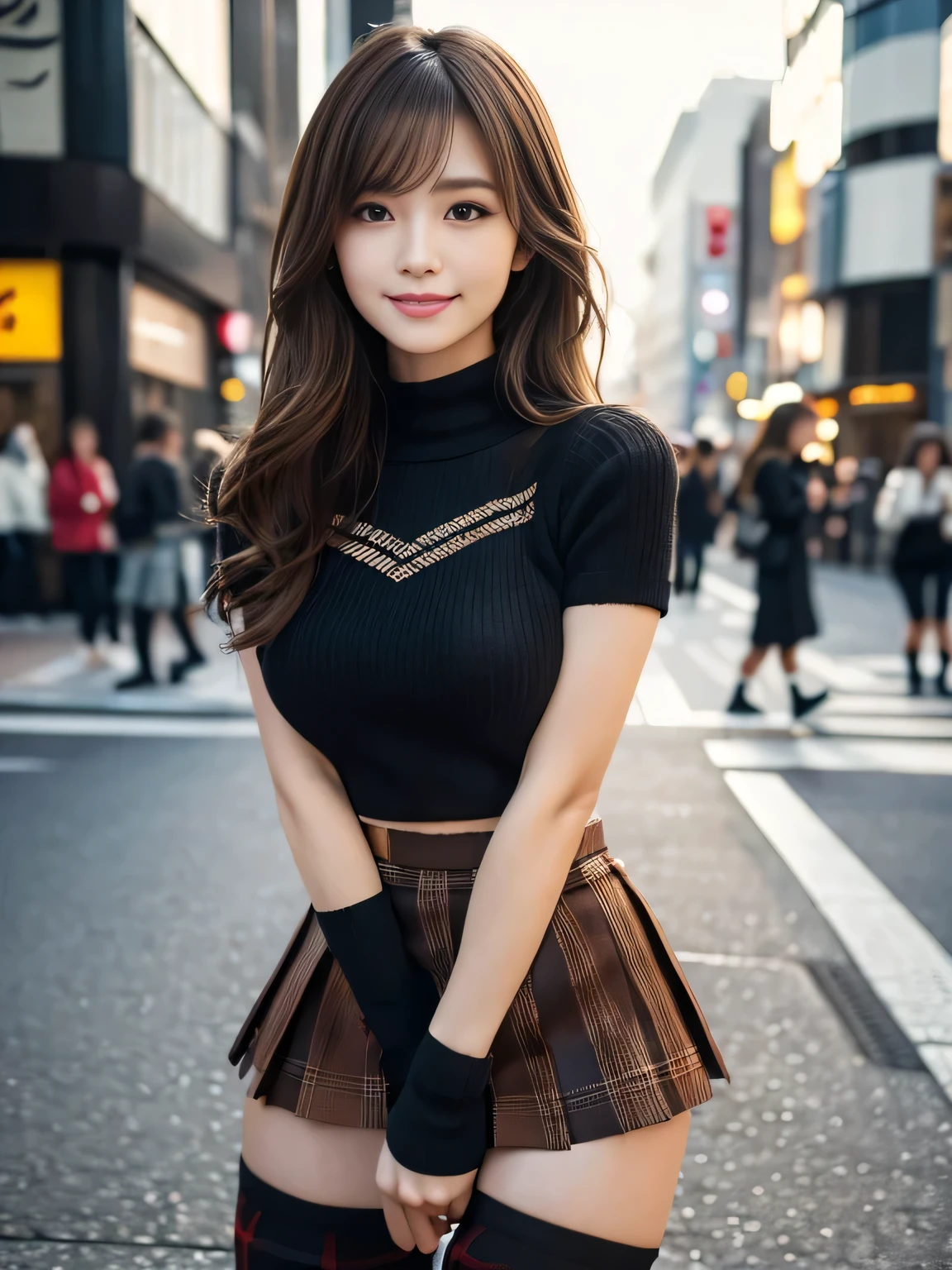masterpiece, best quality, ultra-detailed, intricately detailed hyperdetailed, realistic, sharp features, highly detailed, sharp focus, Realistic, Photorealistic:1.3, perfect face, perfect symmetrically eyes, perfect full lips, hyper detailed, hyper realistic, high resolution, Fashion Model, Japanese Idol, , Slender, brown hair, Stylish, sexy poses, Beautiful Face, light brown hair, messy hair, Beautiful hairstyle, (seductive smile:1.2), (looking at viewer), cinematic lighting, blurred background, (Black knit:1.2), ((mini plaid skirt, black high socks)), (Shibuya), 