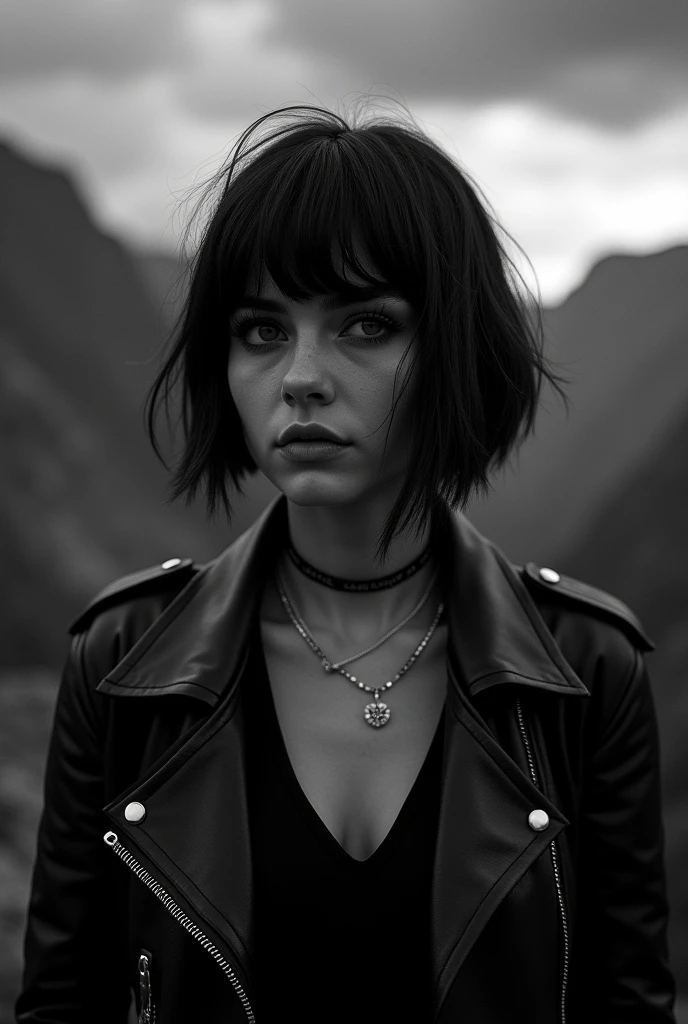 Caucasian woman with short bob hair、A beautiful woman in her 20s、vocalist、Punk Band、Leather jacket、live house、Black and white photography、A valley that captivates the viewer