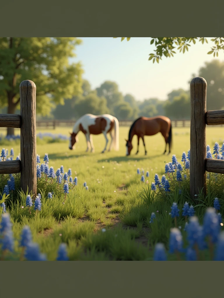 a pature fence with round wood post that is four foot tall. the landscape will grass covered with small patches of bluebonnets throughout. Include horses in the picture behind the fence.