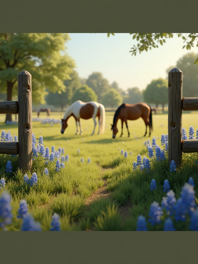 a pature fence with round wood post that is four foot tall. the landscape will grass covered with small patches of bluebonnets throughout. Include horses in the picture behind the fence.