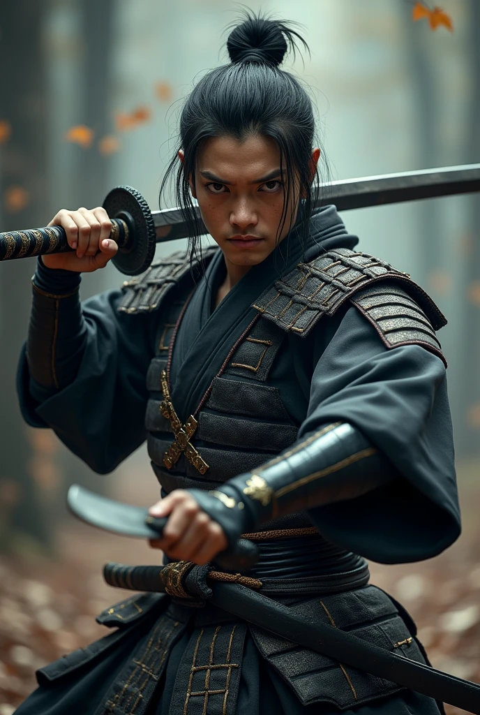 samurai warrior, ((masterpiece, highest quality, Highest image quality, High resolution, Raw photo, 8K)), ((Extremely detailed CG unified 8k wallpaper)), (huge stunning warrior shot, full body, musclural body beauty:1.4), black hair, black hair, nervous, Posing for the camera, In a warrior fighting stance, unkempt hair, a stern look, and dual swords, symbolizing his mastery of the dual-wielding technique.
Pose: Holding both swords, one above his head and one in front, in a ready stance, showcasing his adaptability and readiness., photorealistic, 16k, 8k, 4K, award winning