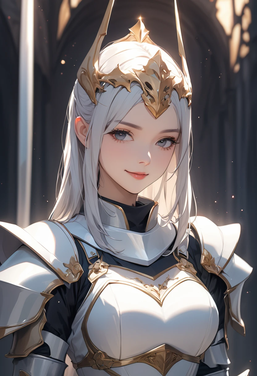 (masterpiece:1.5),(Beat quality),(high res),1girl solo,beautiful face,smile,upper body,knight woman,Has a spear