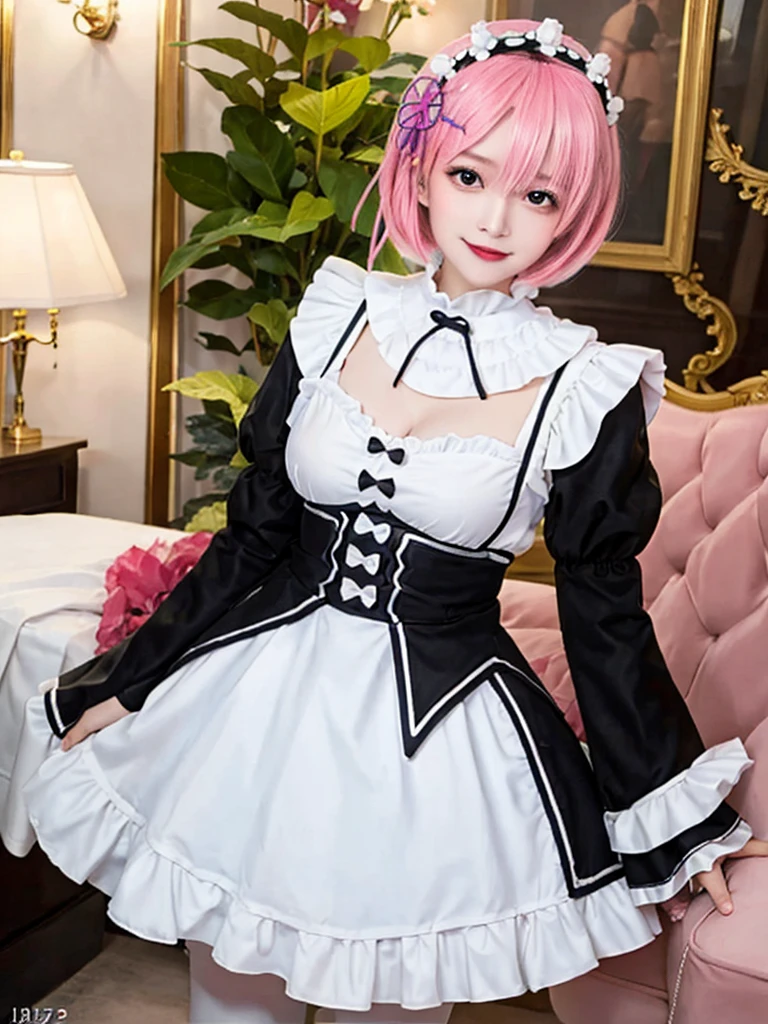 (8K, Photorealistic, Raw photo, of the highest quality: 1.3), (1girl in), Super beautiful, (Realistic face), (boyish, light blue Color Berry Shorthair),(8K, Photorealistic, Raw photo, of the highest quality: 1.3), (1girl in), Super beautiful, (Realistic face), (boyish, pink Color Berry Shorthair), Beautiful , Glare that captivates the viewer, Beautiful expression, Beautiful breasts, (Realistic skin), Be...Create a detailed and colorful image of Ram and Rem from Re:Zero, standing back-to-back in their maid outfits, with a magical fantasy background、14years old, two girls,cute, perfect face, beautiful, nice body, gothic lolita clothes, gothic lolita fashion, frilly skirt, headdress, necklace, bracelet, knee-high socks, boots, double eyelids, tear bags, Detailed down to the fingers, photo-like description, indoors, dim indoor lighting, one girl is pink hair and short bob, another girl is light blue hair and short bob,standing, whole body, composition that shows the whole body, smiling,The Both of them are wearing the same type of maid outfit