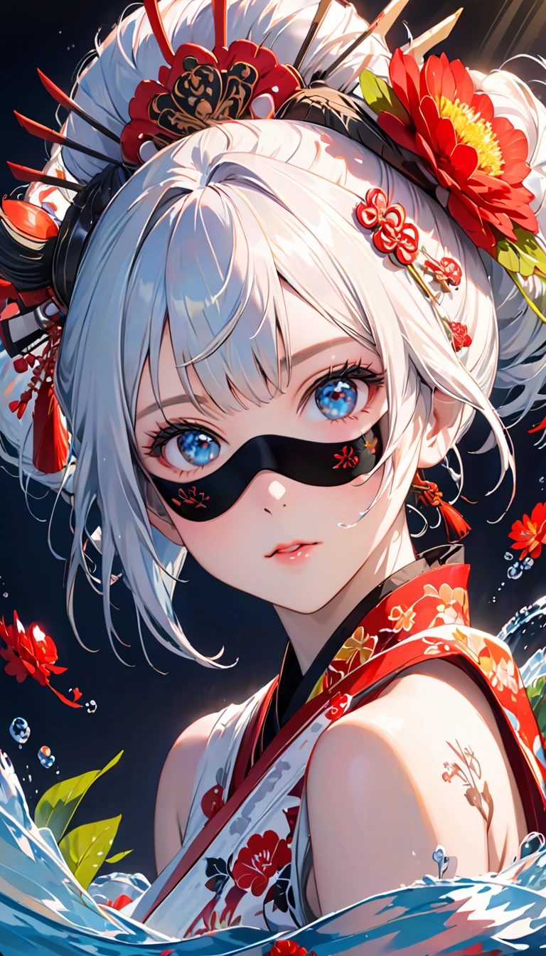 Ink painting, (((1 girl )), (((Tattoo in the middle of the forehead))), (((Oiran))), (((Great hair accessories))), Demon possession, ((Eye patch over:1.3)), (((Masterpiece、Highest image quality、Highest quality、Extremely detailed unit 8kWall paper))), ((Illustration of one girl、Upper body covered))、(((beautiful girl))), girl swimming underwater, Very detailed presentation style, It shines, Red Rose, light blue, brushwork, Ultra Realistic Oil Painting, Bright eyes, Head up close, Exaggerated perspective, Tyndall effect, drop of water, rainbow pearl, 3d white, black background,