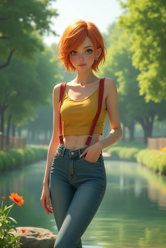work of art, extremely magnificent view, perspective, extreme best quality, extremely detailed CG, 8 k wallpaper, high resolution, high-detailed face, highly-detailed eyes, Perfect Anatomia, super detailed skin, (dynamic angle, dynamic pose:1.2), plein-air, park, Tree and pond, (portraite, leg focus, whole body), (beautiful face, gorgeous eyes, nice legs:1.3), 1 girl, standing alone,
(misty_Pokémon)(1 1 girl)
(Short Berry,hair orange,hair from one side up,big green eyes,breasts small,skinny)
(yellow sleeveless t-shirt,exposed belly button,hot jeans,red suspenders,tennis)
.Afternoon