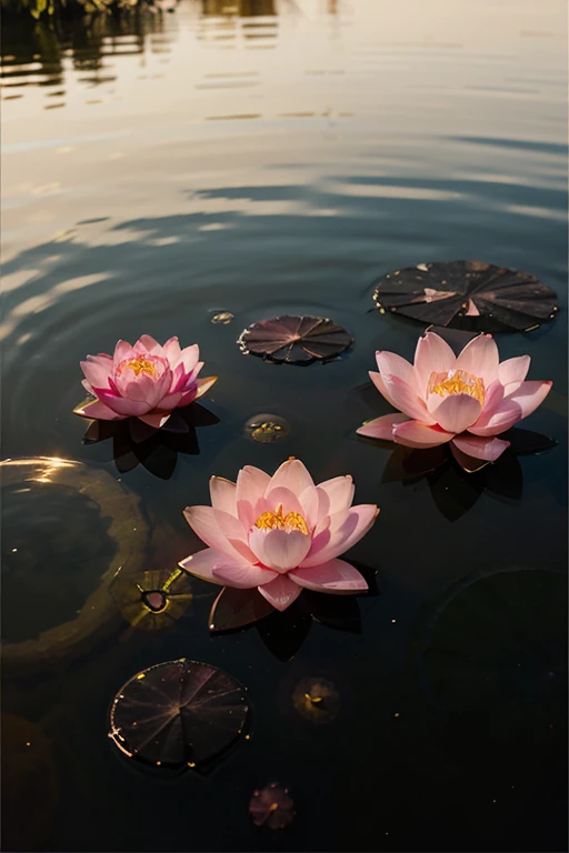 A field of soft pink lotus flowers, And float on transparency., Clear water, Gold gradient background with light transparency. 