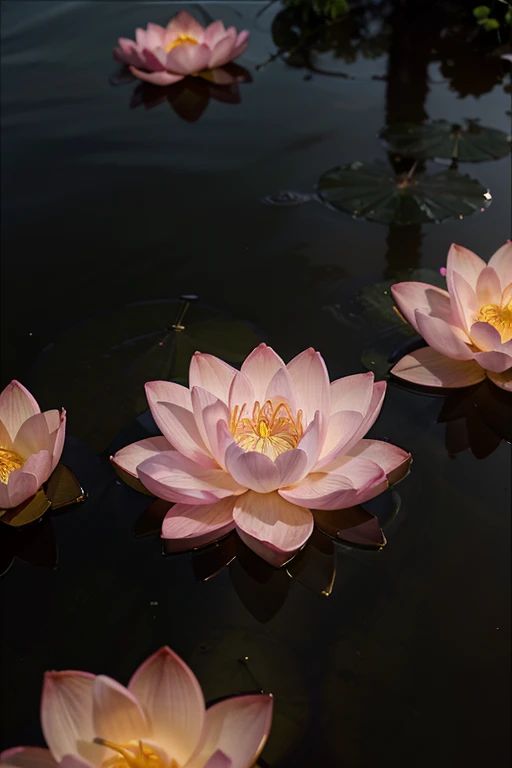 A field of soft pink lotus flowers, And float on transparency., Clear water, Gold gradient background with light transparency.