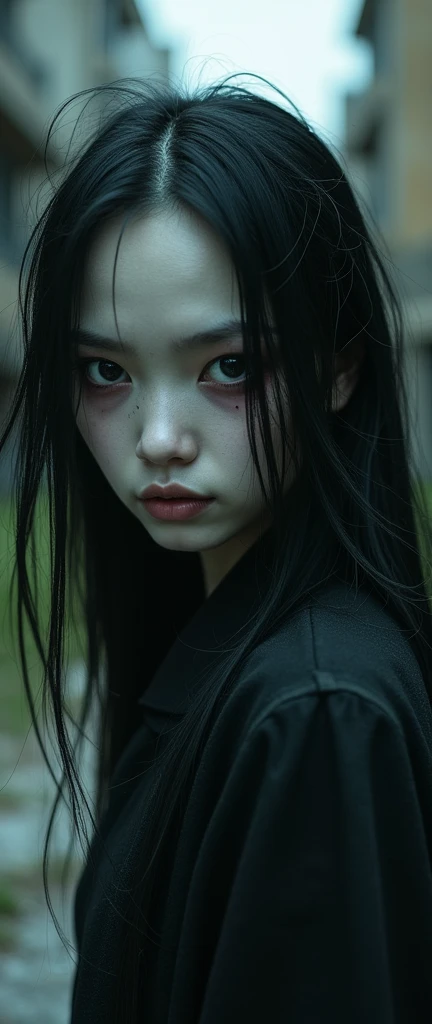 Epic Close up masterpiece, hdr, 8K, ultra detailed graphic tension, dynamic poses, stunning colors, surrealism, cinematic lighting effects, super vista, In an abandoned city, an Indonesian ghost lady,long messy black hair, pale white skin, black eyeballs,in the style of Alita, Her eyes are firm and resolute, showing the desire for vengeance, high-definition picture, real effect, xiaofei yue, uniformly staged images, flat yet expressive