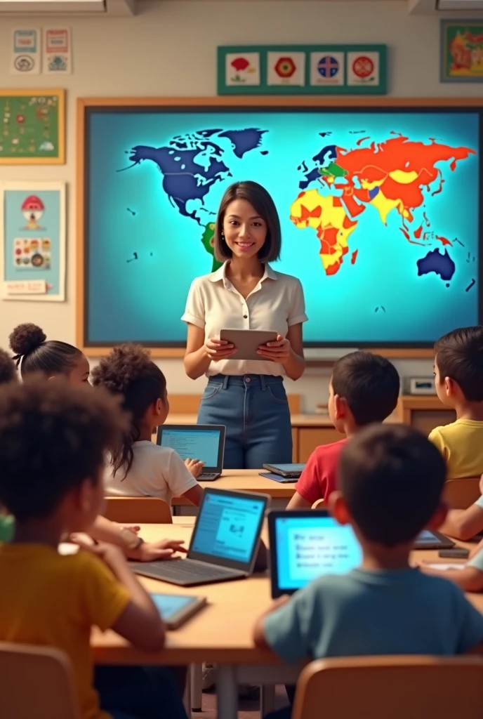 Classroom with children black asian world map and peace poster on the wall all working with tablet and laptop female teacher standing in front of a digital board