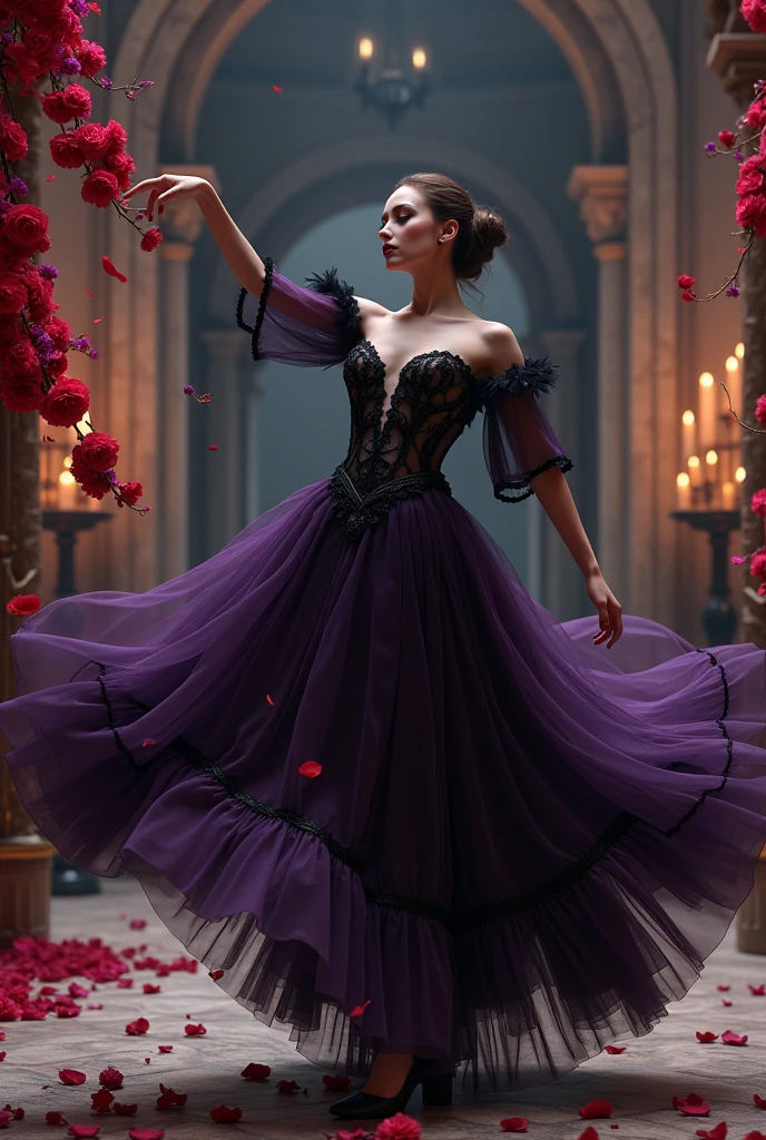 1 goth ballerina dancing in a castle surrounded by red and purple flowers, detailed elegant dress, dramatic dance pose, dark lighting, castle interior, cinematic composition, rich textures, photorealistic, 8k, best quality, masterpiece