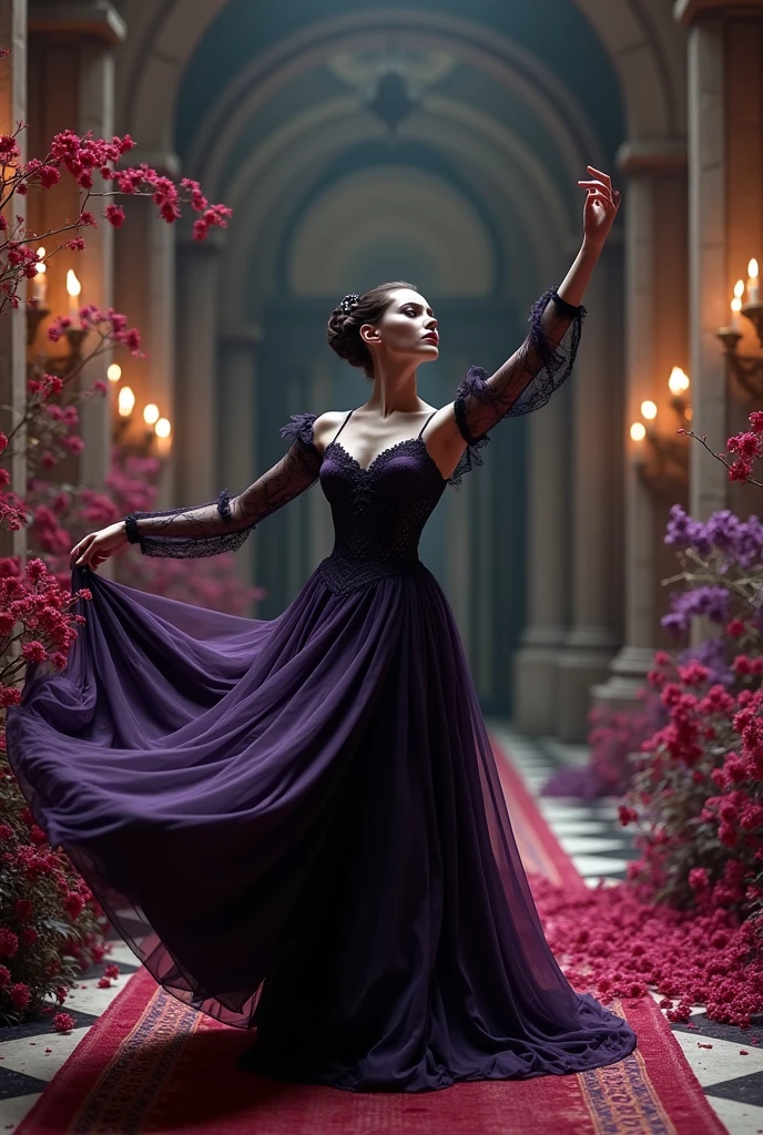 1 goth ballerina dancing in a castle surrounded by  red and purple flowers, detailed elegant dress, dramatic dance pose, dark lighting, castle interior, cinematic composition, rich textures, photorealistic, 8k, best quality, masterpiece