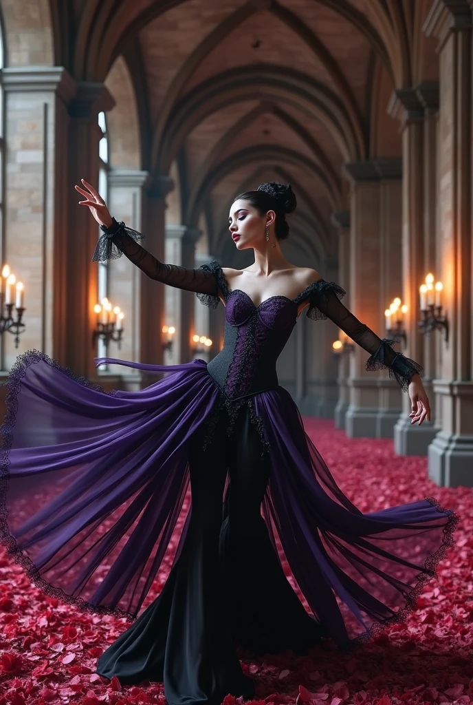 1 goth ballerina dancing in a castle surrounded by red and purple flowers, detailed elegant dress, dramatic dance pose, dark lighting, castle interior, cinematic composition, rich textures, photorealistic, 8k, best quality, masterpiece