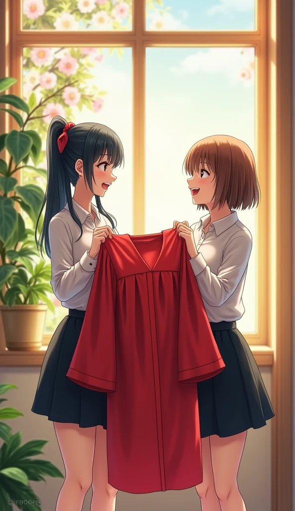 "Two girls are standing in a student dormitory. The room is brightly lit by the light from the window. The background is decorated with beautifully arranged leaves and flowers, adding to the bright and lovely atmosphere. The first girl has long, shiny black hair, neatly tied up with bangs, and wears round glasses, a white shirt, and a black skirt. The second girl has short, brown hair, no bangs, and no glasses. The two are talking and laughing happily, while holding a red long-sleeved graduation gown in each hand, showing excitement and happiness in preparing for the special day."