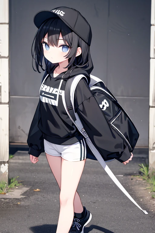 Beautiful Tall Anime, Black Hair, Wear black sneakers、Black and white, Iris, barefoot, Wearing a black baseball cap, Wear a black hood, Wear black leggings, The background is the countryside,Carrying a knapsack
