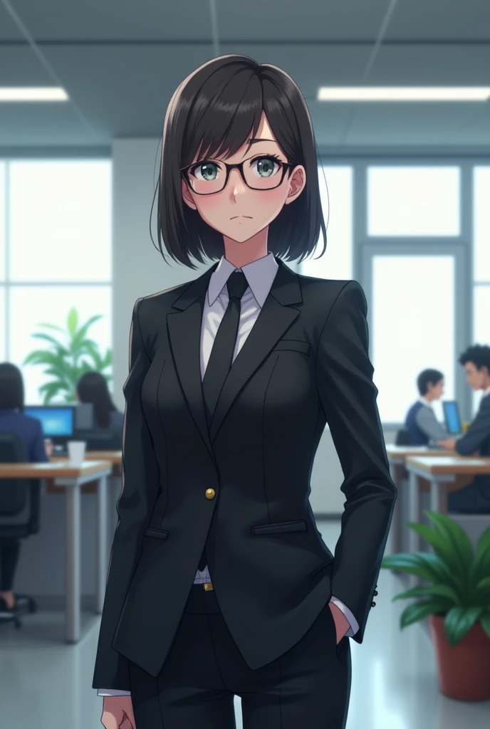 Black suit, glasses, Japanese, 20s, anime-like, older sister look, company background, a little far away