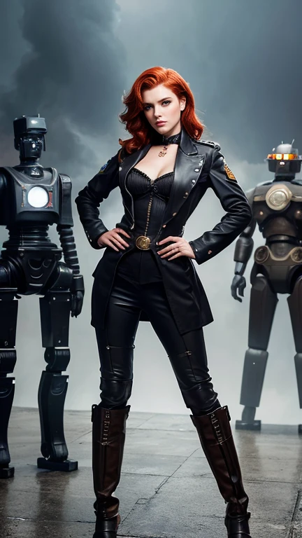 A woman stands in front of a group of robots, Steampunk man portrait, synthesis, Beautiful android woman, Stormy epic war scenes, Inspired by Richard Avedon, Black dieselpunk policewoman, Redhead woman, Wearing a suit, Complex fashion clothing, Beautiful female soldier