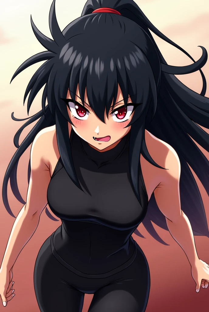 Child girl anime() with spiky black long hair and eye red,her clothes is black with and she's personality agressive,and physical athletic,she's dont' have breast