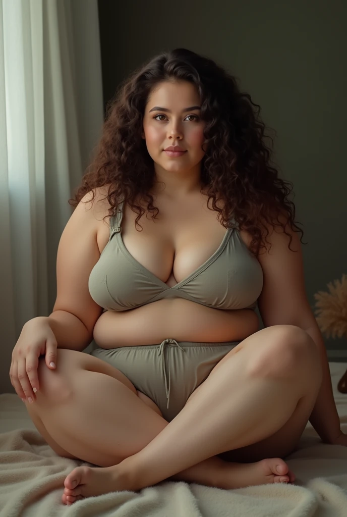 A brunette girl with curly hair and big breasts sits with her legs stretched out, taking a realistic photo