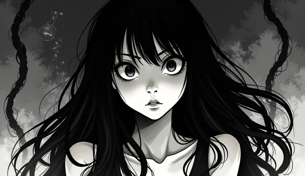 A black and white illustration in a manga style reminiscent of Junji Ito's horror works. The scene features a young, sexy woman with a haunting yet alluring presence. She has long, flowing dark hair that subtly merges with shadowy tendrils creeping out from her surroundings. Her eyes are wide, intense, and eerily captivating, conveying both beauty and an unsettling sense of dread. Her facial expression is enigmatic, hinting at something sinister beneath her outward allure. The background is dark and atmospheric, with detailed textures, including organic shapes and twisted, surreal elements. The overall tone should be gothic, eerie, and filled with unnerving tension, staying true to the horror essence that defines Junji Ito's style.