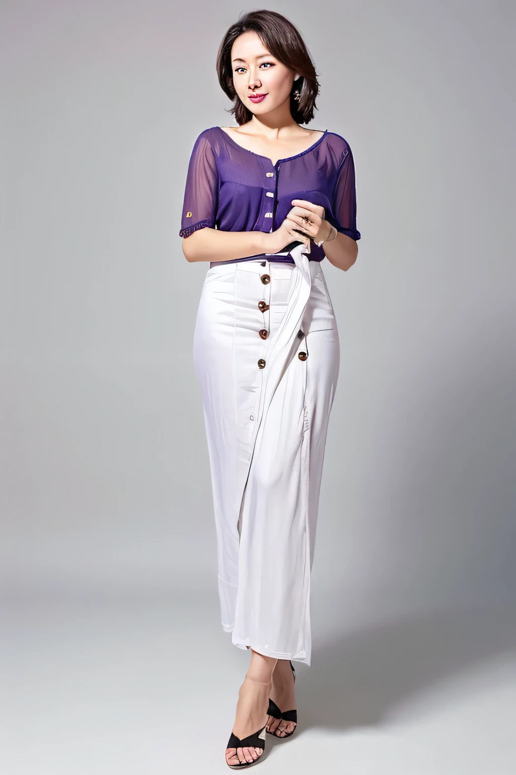 high resolution photo, Thai buxom lady ware a pair of see-trough white, denim skirt with a slim fit and a button detail at the center front. The pants appear to be made from a sheer, silky fabric, Pose for a photoshoot