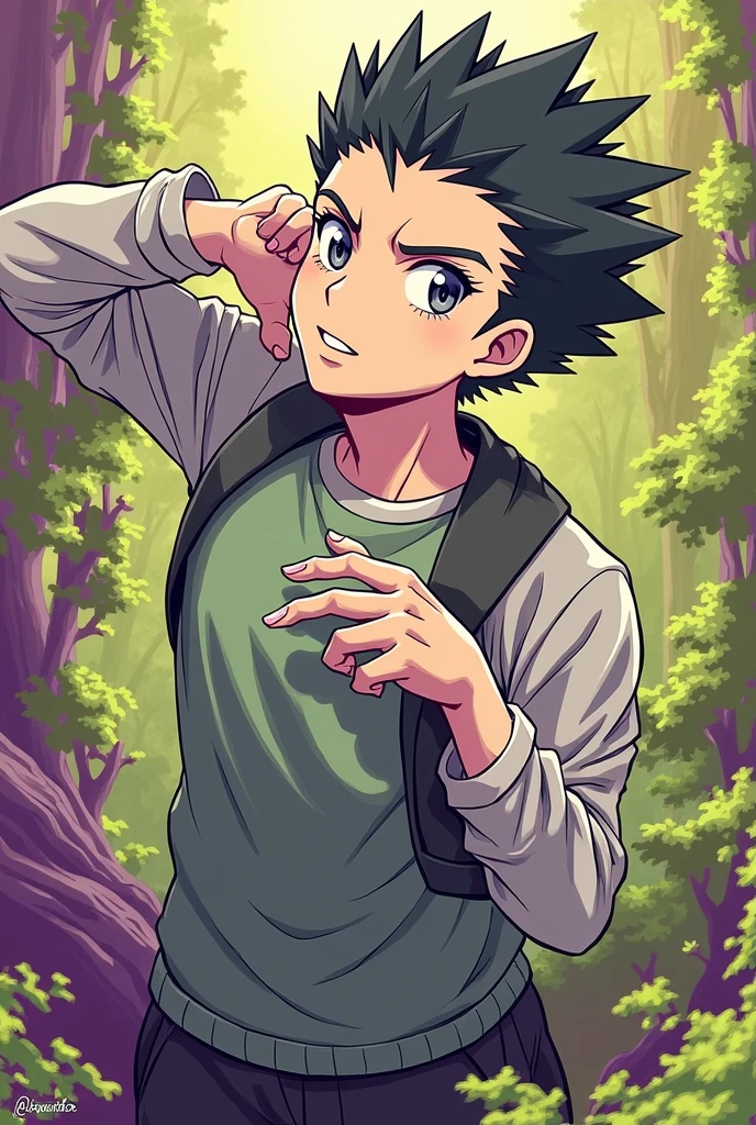 Make an art in the style of this image for the character Gon from Hunter x Hunter in purple colors and green clothes.
