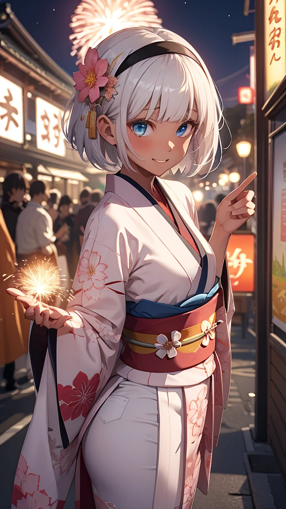 Highest quality、masterpiece、a girl、独奏, Beautiful silver hair、((((Very short hair))))、Blue eyes、(hair band)、((Blunt bangs)), ((Medium Chest)), 24-years-old, (tsurime), Tight waist, slender、Small Ass、Anime Style、Natural smile、Very cute face、 sexy pose, bewitching pose, Cute pose、night、Fireworks display、大きくてカラフルな花火がnight空に上がる、A large number of people、Japan Shrine Festival、((A colorful pink kimono))、Long flower hair ornament、Shallow depth of field, cowboy shot, 