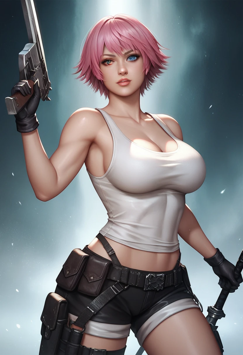 (masterpiece, best quality:1.2), lady, dmc, dmc4, slim body, white tank top, 1girl, solo, heterochromia, blue eyes, blue eyes, pink hair, short hair, striped, shorts, weapon, black gloves, big breasts,