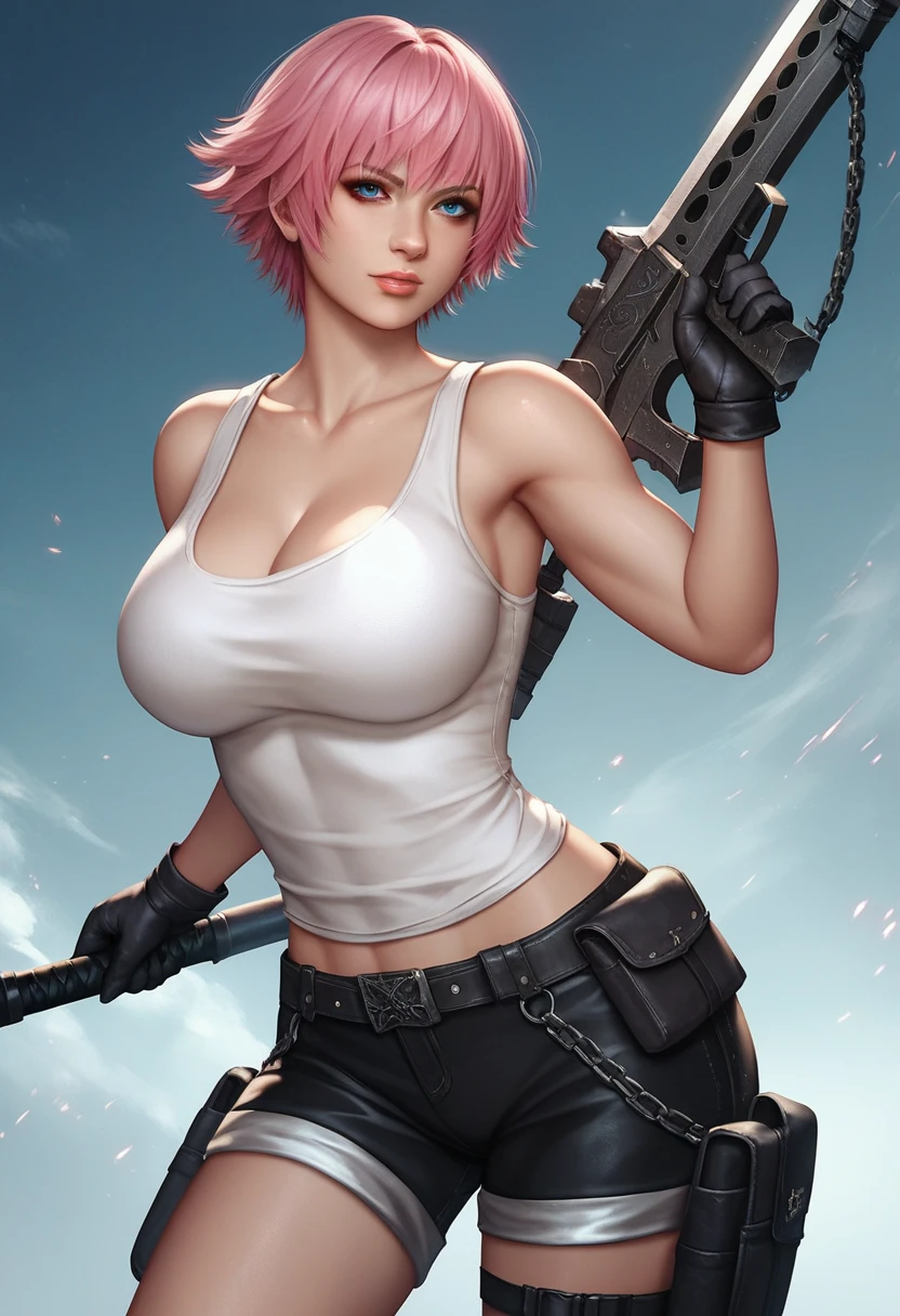 (masterpiece, best quality:1.2), lady, dmc, dmc4, slim body, white tank top, 1girl, solo, heterochromia, blue eyes, blue eyes, pink hair, short hair, striped, shorts, weapon, black gloves, big breasts,