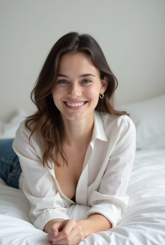 brunette, smile, physique: smallest belly ever, flat chest, skinny face, white wall, no decoration, jean shorts, white shirt, lying on bed, looking smiling at camera
